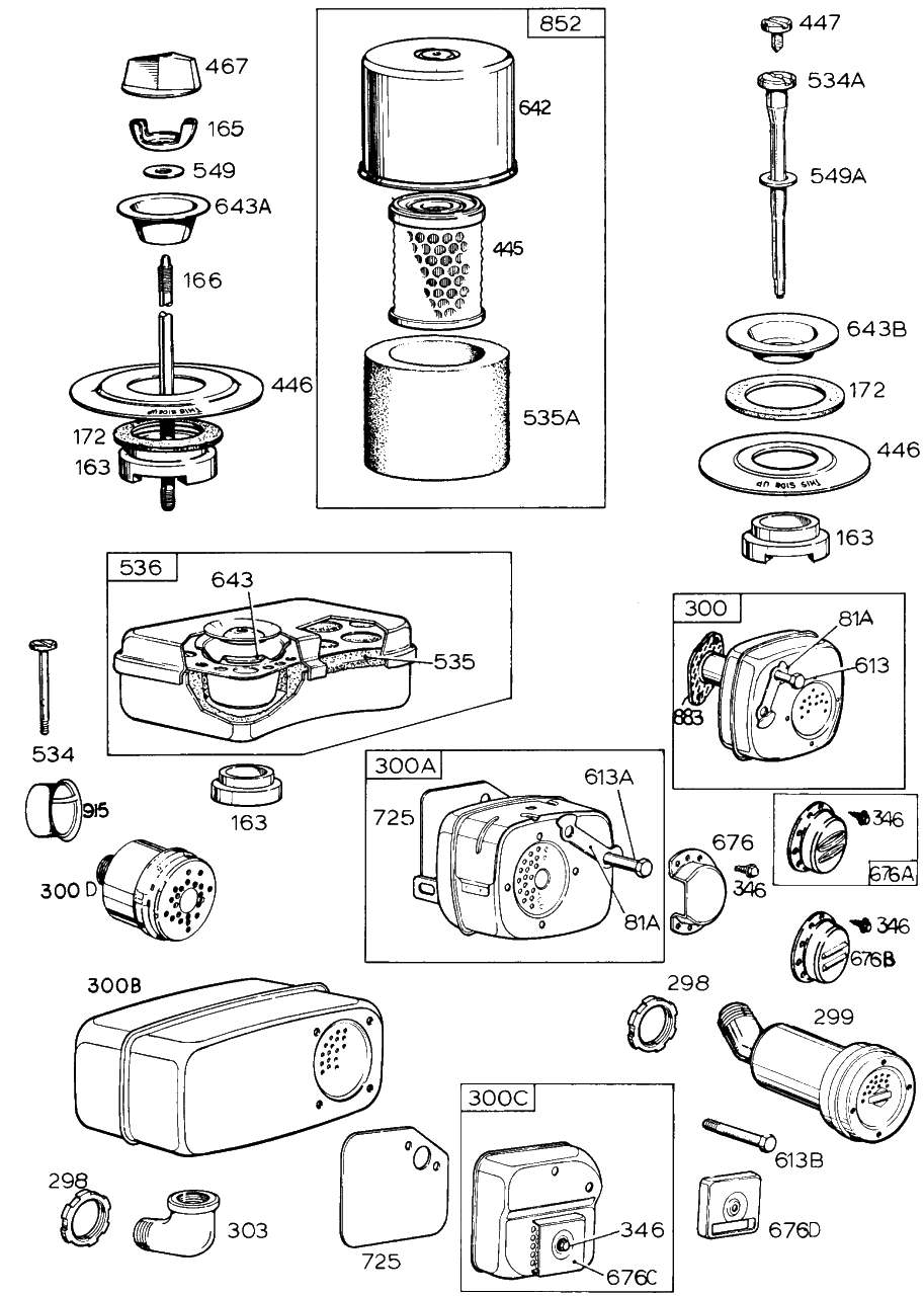 Air Cleaner Groups, Mufflers Diagram and Parts List for  Briggs and Stratton Engine
